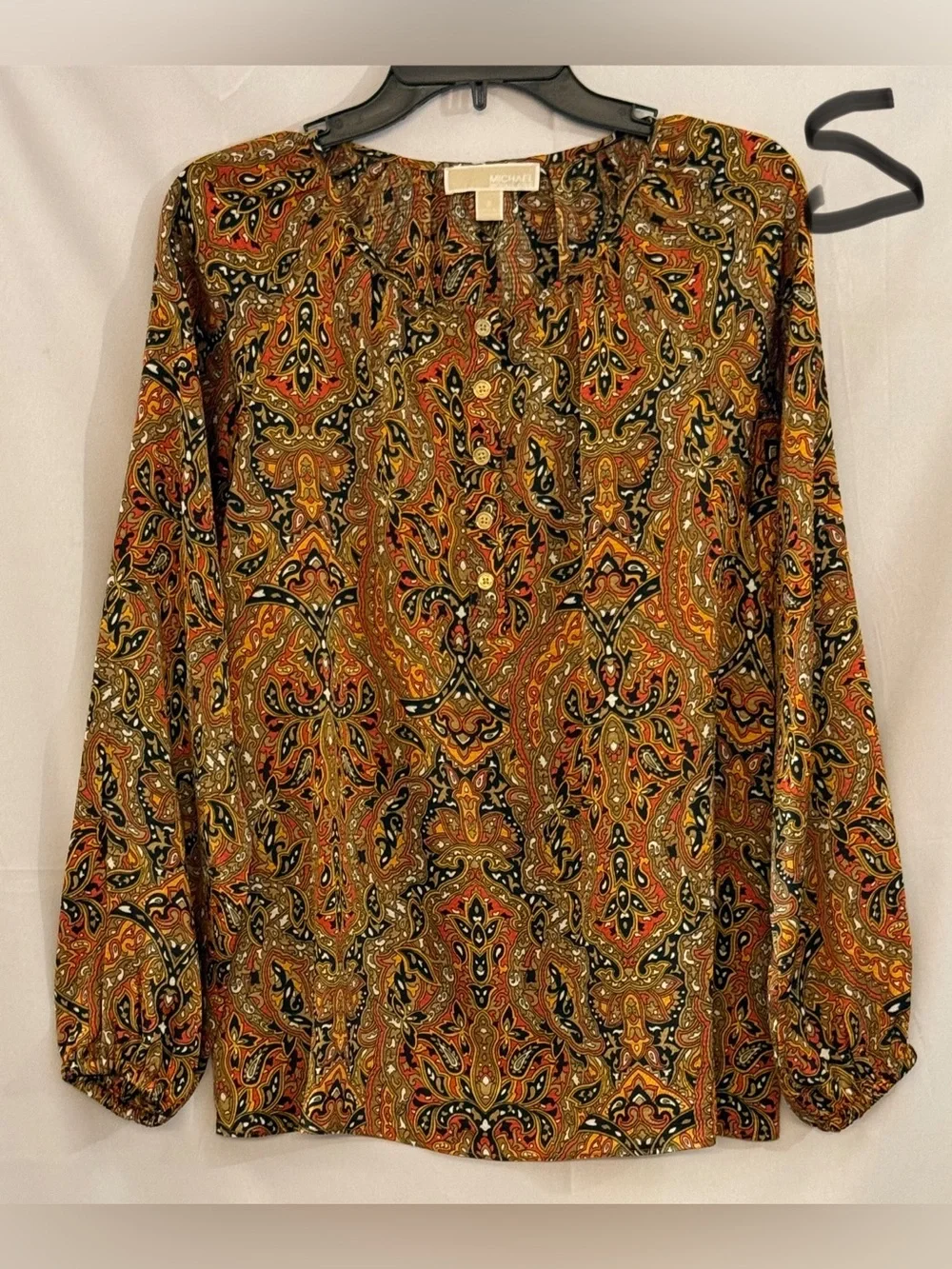 Michael Kors Paisley Button-Front Blouse — Rust, Black, Gold